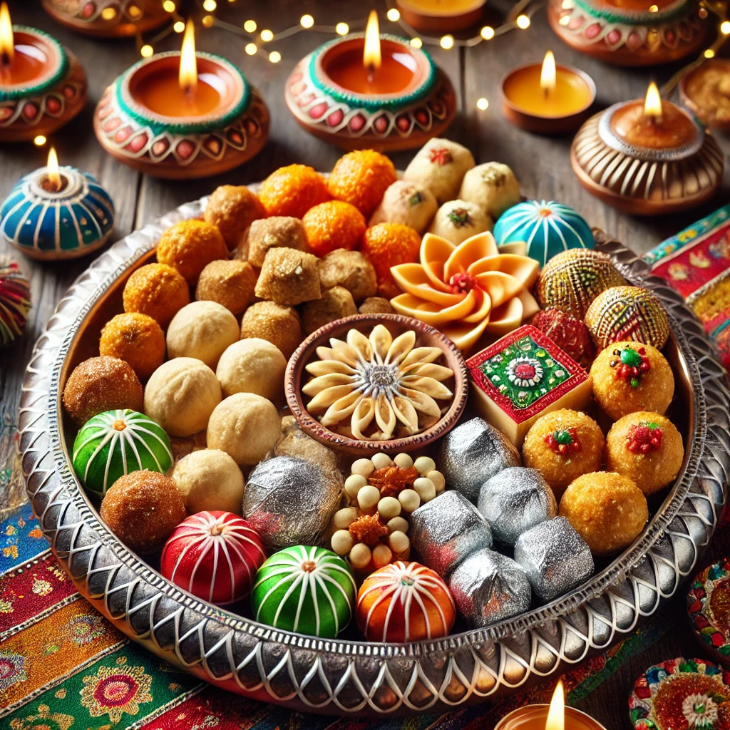 "रंग-बिरंगी मिठाइयों की थाली जिसमें लड्डू, बर्फी और काजू कतली शामिल हैं – दिवाली 2024 की मिठास और पारंपरिक स्वाद का प्रतीक।"