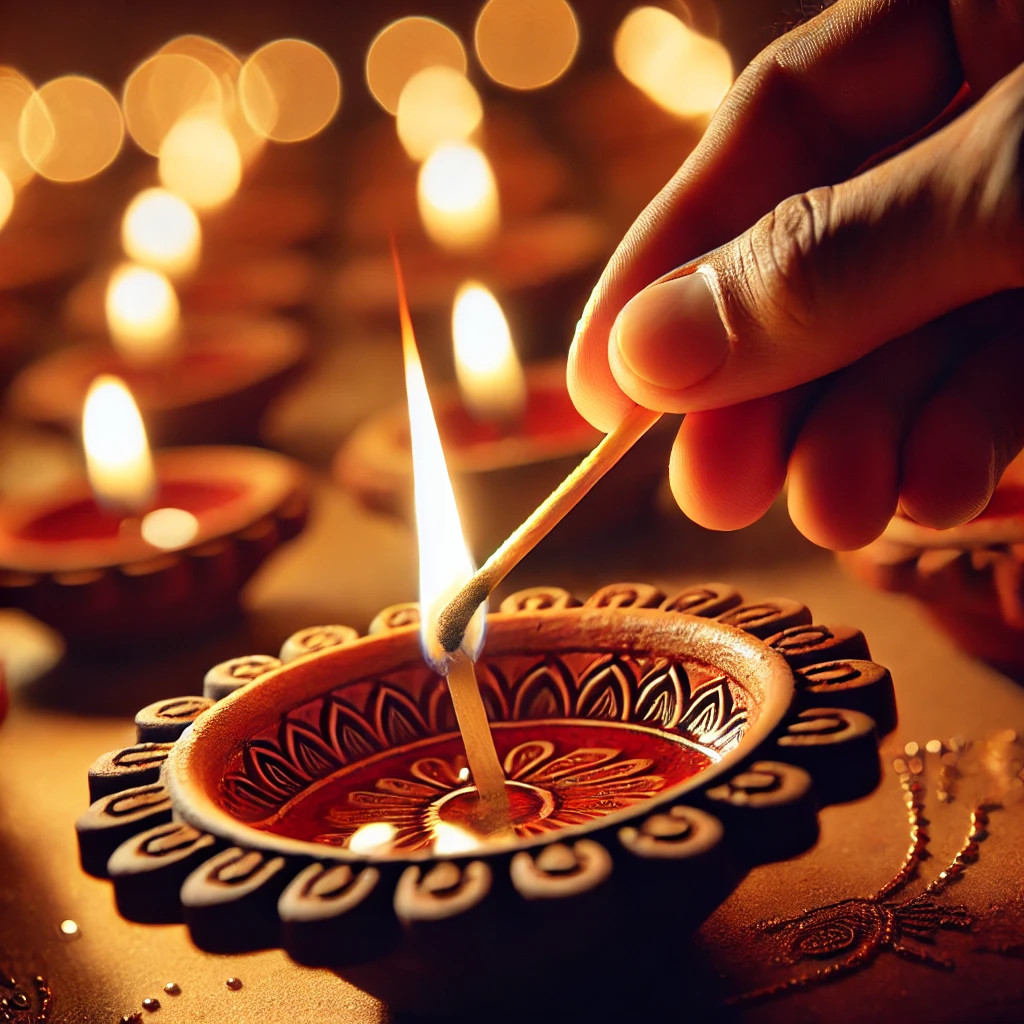 "दिवाली पर मिट्टी के दीये में बाती जलाते हुए एक हाथ – यह सरल क्रिया प्रकाश फैलाने और जीवन में सकारात्मकता लाने का प्रतीक है।"