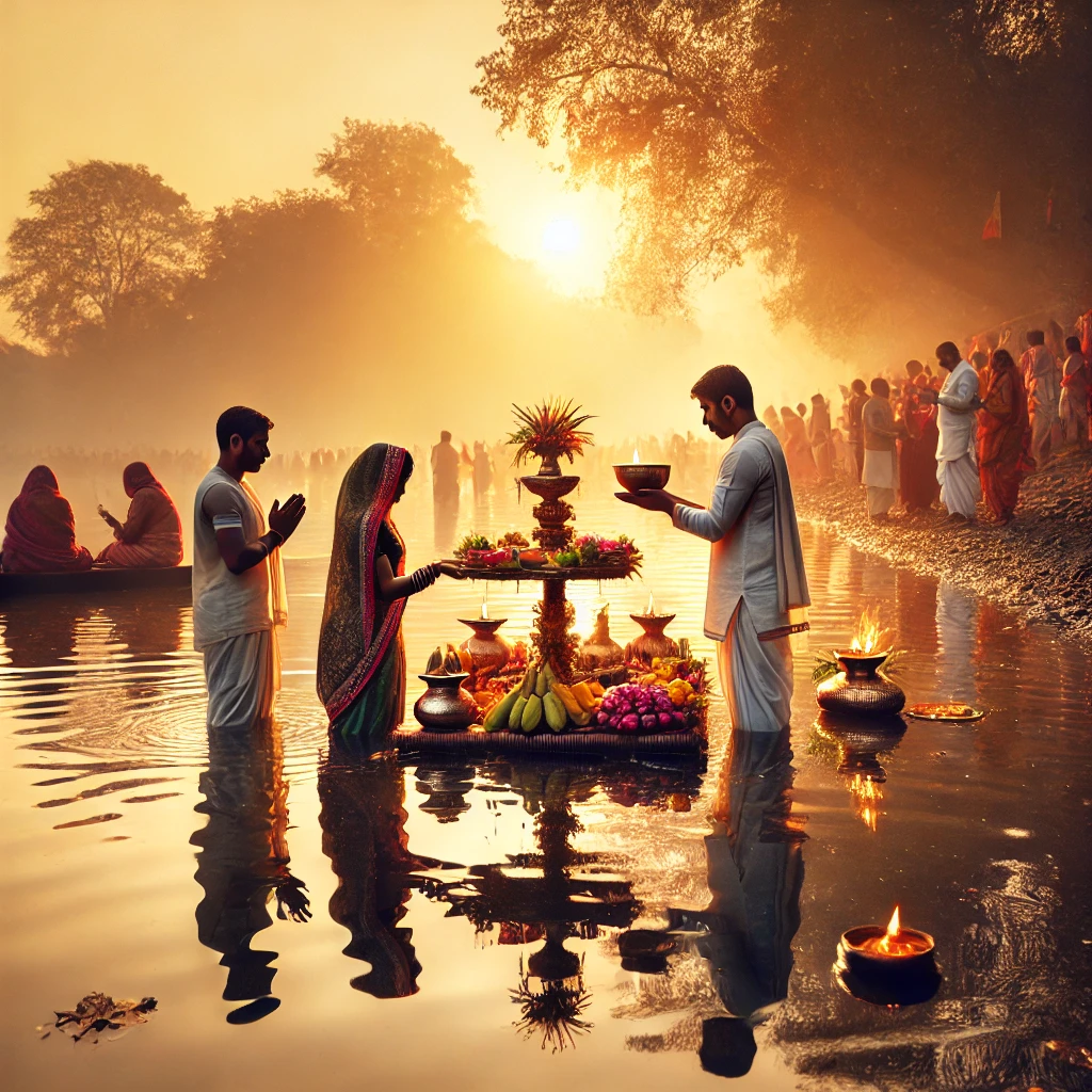 छठ पूजा 2024 उगते सूर्य को अर्घ्य अर्पण करते हुए श्रद्धालु, आस्था और प्रकृति के संगम का अनुपम दृश्य।