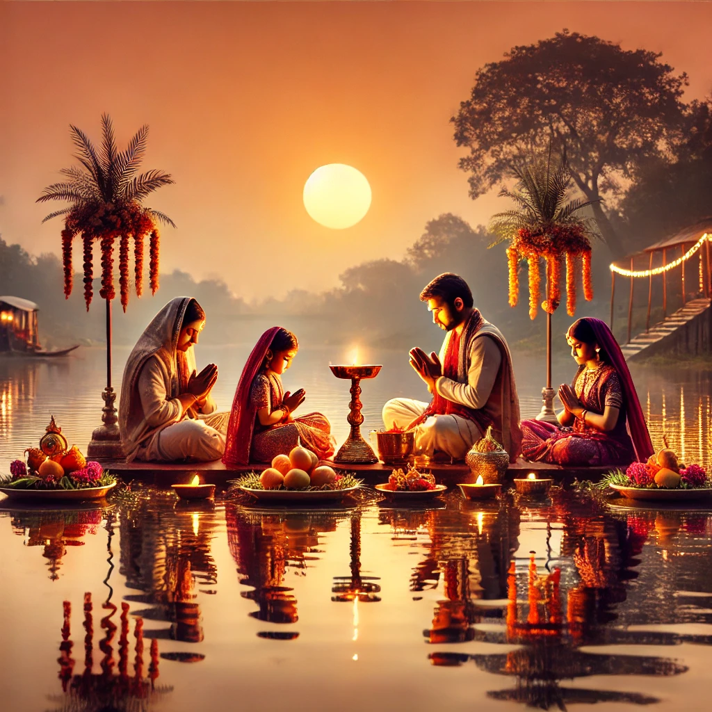 छठ पूजा 2024 आस्था के साथ डूबते सूर्य को अर्घ्य अर्पण करते श्रद्धालु, सांस्कृतिक और पर्यावरणीय संरक्षण का प्रतीक।