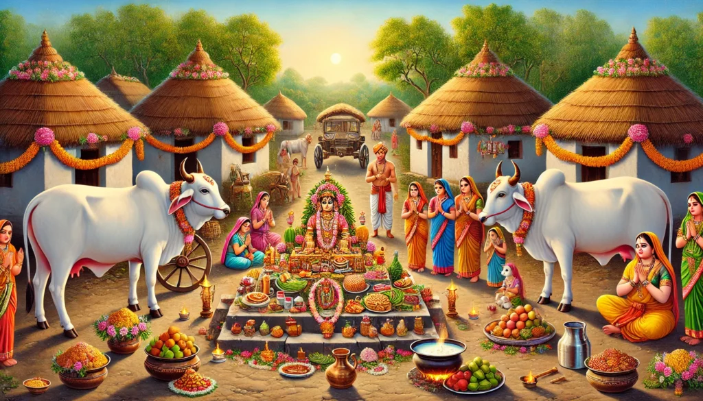 गांवों में गोवर्धन पूजा का पारंपरिक दृश्य, जहाँ लोग सजे हुए गाय-बैलों के साथ पूजा में भाग लेते हैं और अन्नकूट के भोग चढ़ाते हैं। यह त्योहार प्रकृति और पशुधन के प्रति सम्मान का प्रतीक है।