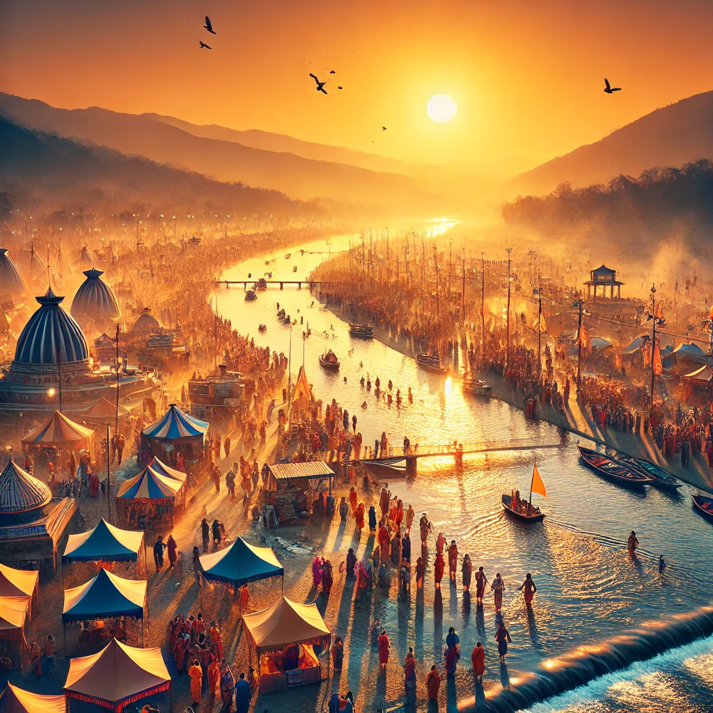 "त्रिवेणी संगम पर महाकुंभ 2025 का भव्य दृश्य: सुबह की पहली किरणों के साथ श्रद्धालु पवित्र स्नान करते हुए।"