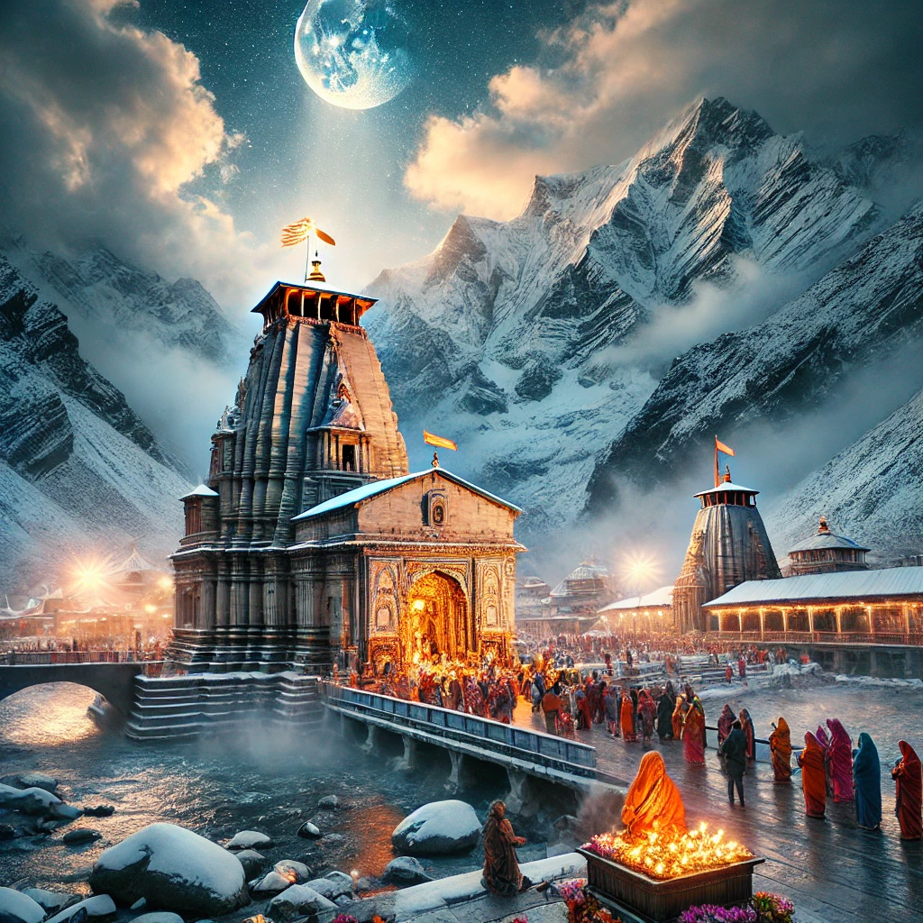 केदारनाथ मंदिर का एक भव्य दृश्य, जहाँ श्रद्धालु प्रार्थना कर रहे हैं, बर्फ से ढके पहाड़ों की पृष्ठभूमि में मंदिर की दिव्यता झलक रही है।