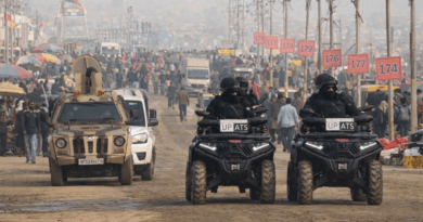Magh Mela 2026 Snan Parv security arrangement with ATS patrol, police vehicles and heavy crowd at Prayagraj Mela area